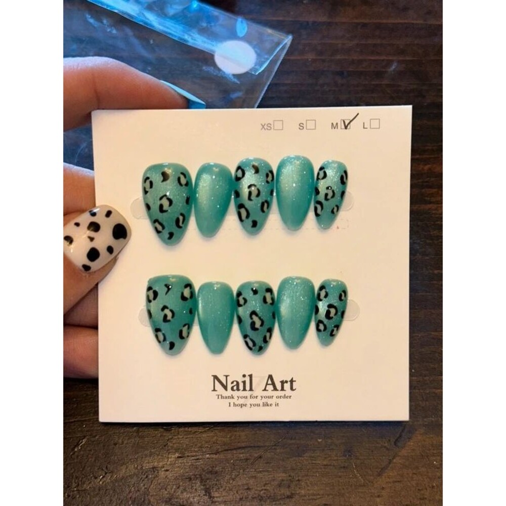 Turquoise Cateye Leopard Print Almond Press On Nails Size Medium